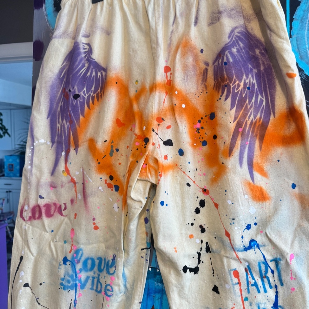 Flash sale! Hand-Painted upcycled Graffiti Linen Blend Streetwear Pants - Large - Picture 10 of 11